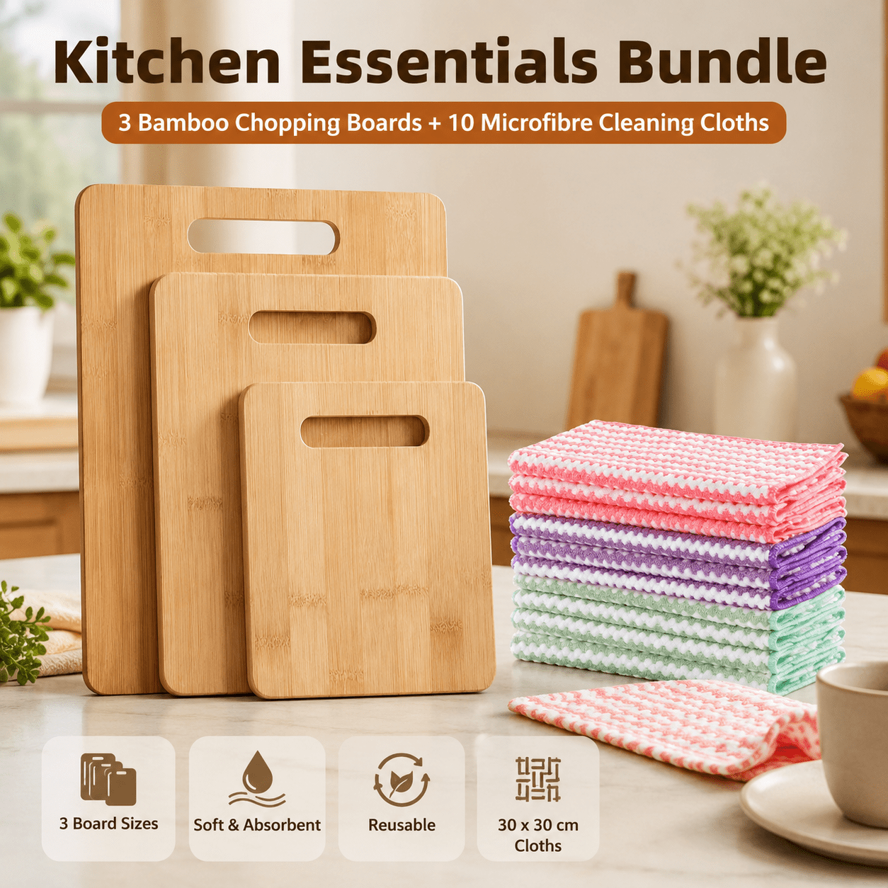 TEMU 13-piece Bamboo Chopping Board & Microfibre Cleaning Cloth Set, 3 Sizes Cutting Boards With 10 Reusable 30 X 30 Cm Kitchen Cloths For Food Prep,