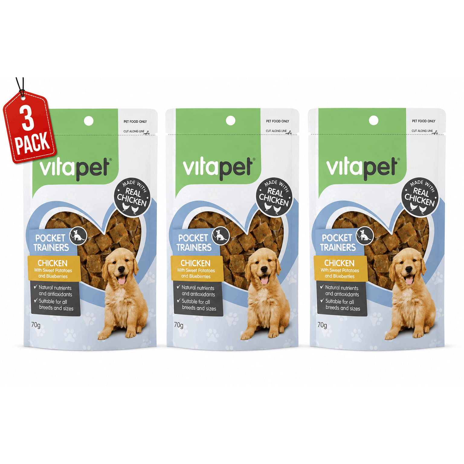 3 Packs of VitaPet Pocket Trainers Chicken with Sweet Potatoes & Blueberry Dog Treats 70g