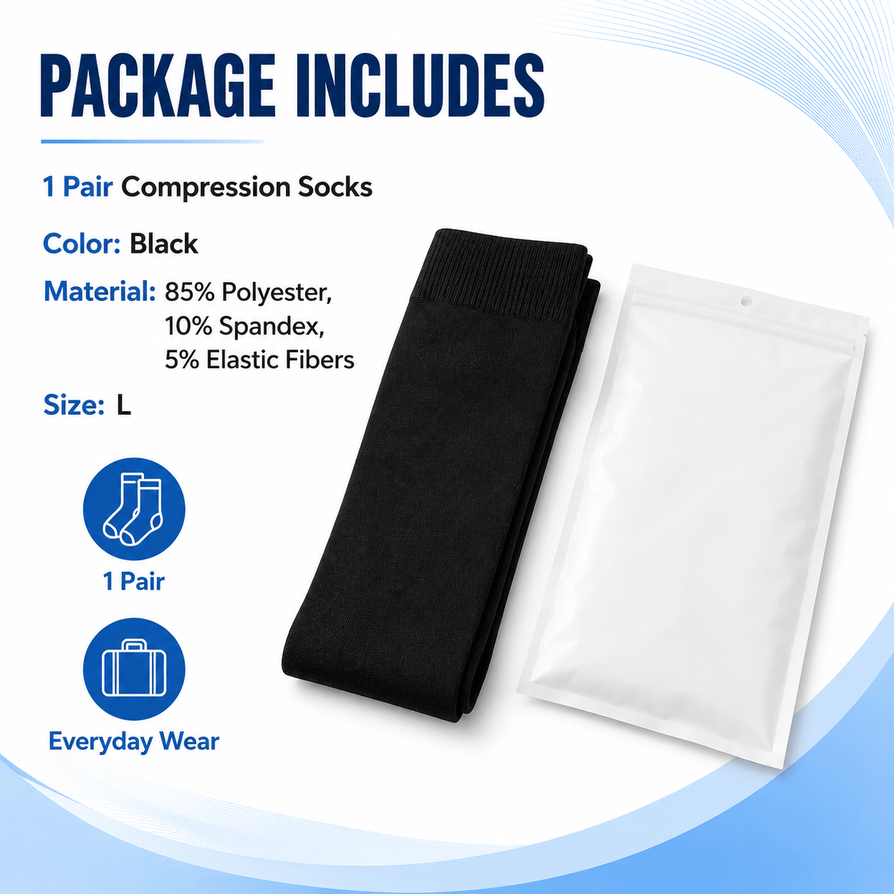 Unisex Knee-High Travel Support Socks Size L – Black Stretch Fit Socks for Flights, Work, Walking & Everyday Wear, Breathable Fabric, 1 Pair