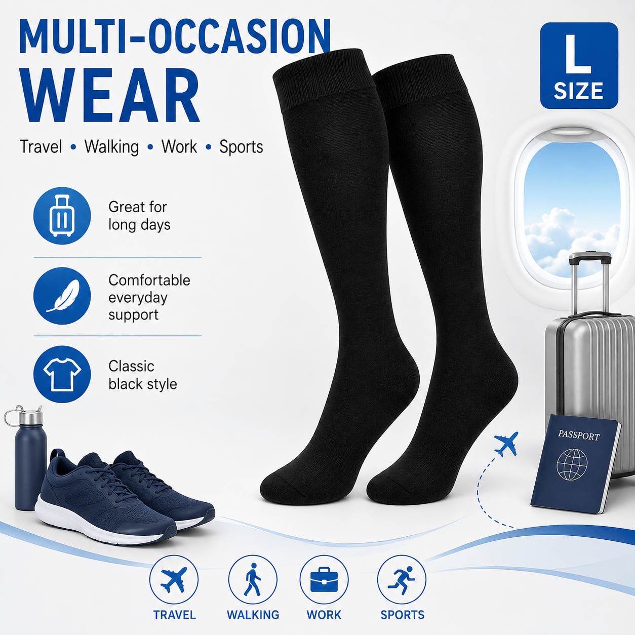 Unisex Knee-High Travel Support Socks Size L – Black Stretch Fit Socks for Flights, Work, Walking & Everyday Wear, Breathable Fabric, 1 Pair