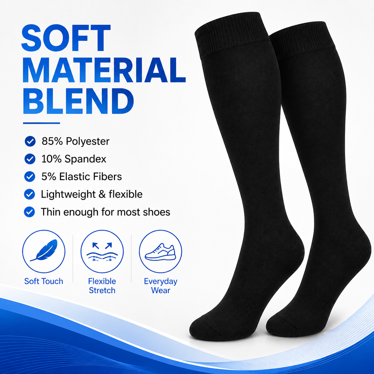Unisex Knee-High Travel Support Socks Size L – Black Stretch Fit Socks for Flights, Work, Walking & Everyday Wear, Breathable Fabric, 1 Pair