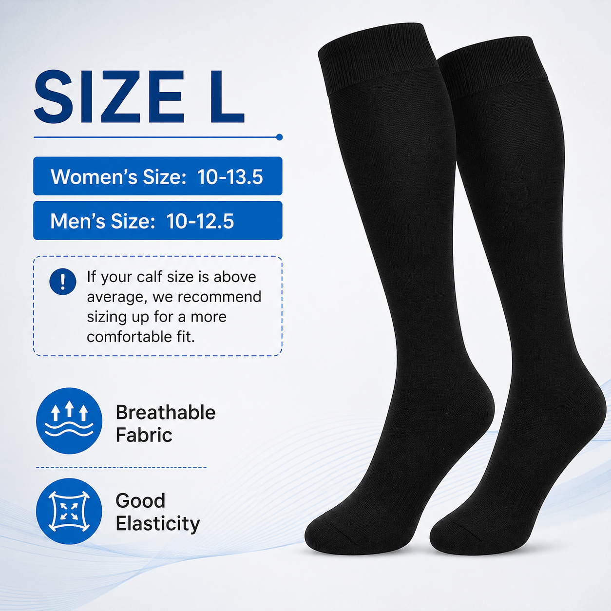 Unisex Knee-High Travel Support Socks Size L – Black Stretch Fit Socks for Flights, Work, Walking & Everyday Wear, Breathable Fabric, 1 Pair