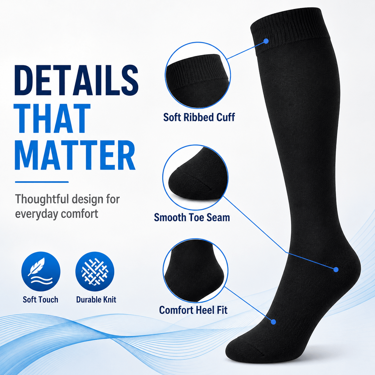 Unisex Knee-High Travel Support Socks Size L – Black Stretch Fit Socks for Flights, Work, Walking & Everyday Wear, Breathable Fabric, 1 Pair