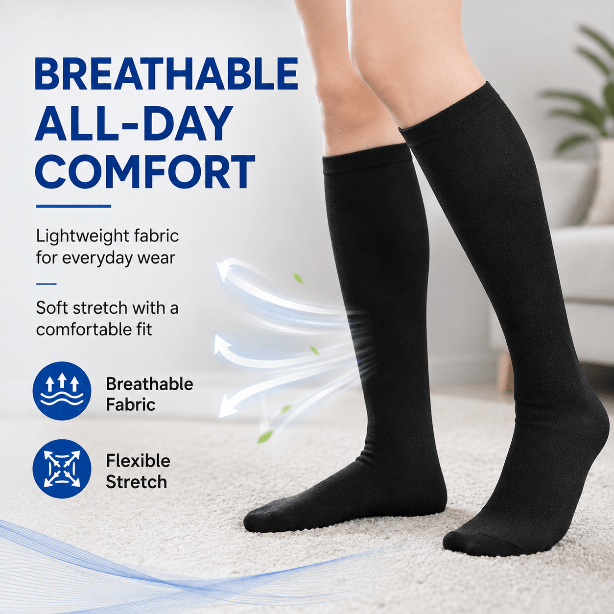 Unisex Knee-High Travel Support Socks Size L – Black Stretch Fit Socks for Flights, Work, Walking & Everyday Wear, Breathable Fabric, 1 Pair