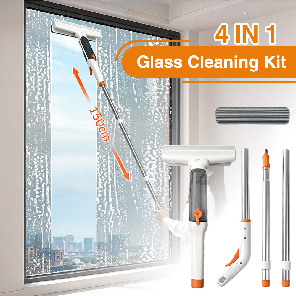 TEMU 4-in-1 Glass Cleaning Window Cleaner Squeegee Kit And Floor Mop With Spray, Professional Window Wiper With Telescopic Handle, Spray Floor Mop