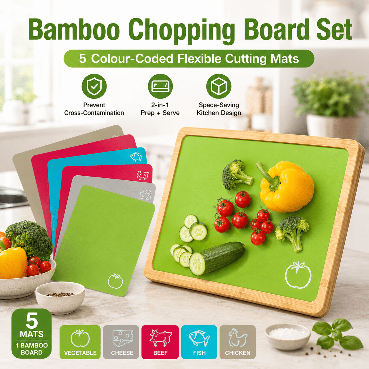 TEMU Bamboo Kitchen Chopping Board With Set Of -coded Flexible Cutting Mats, Cutting Board, Serving Board, 5 Inserts