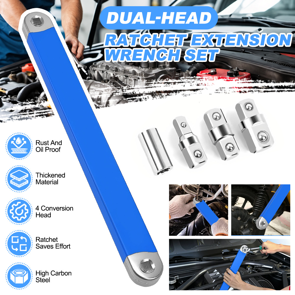 TEMU Dual-head Ratchet Extension Wrench Kit, High-carbon Steel Labor-saving Ratchet Spanner With 4pcs Socket Adapter, Rust-resistant Heavy-duty Hand