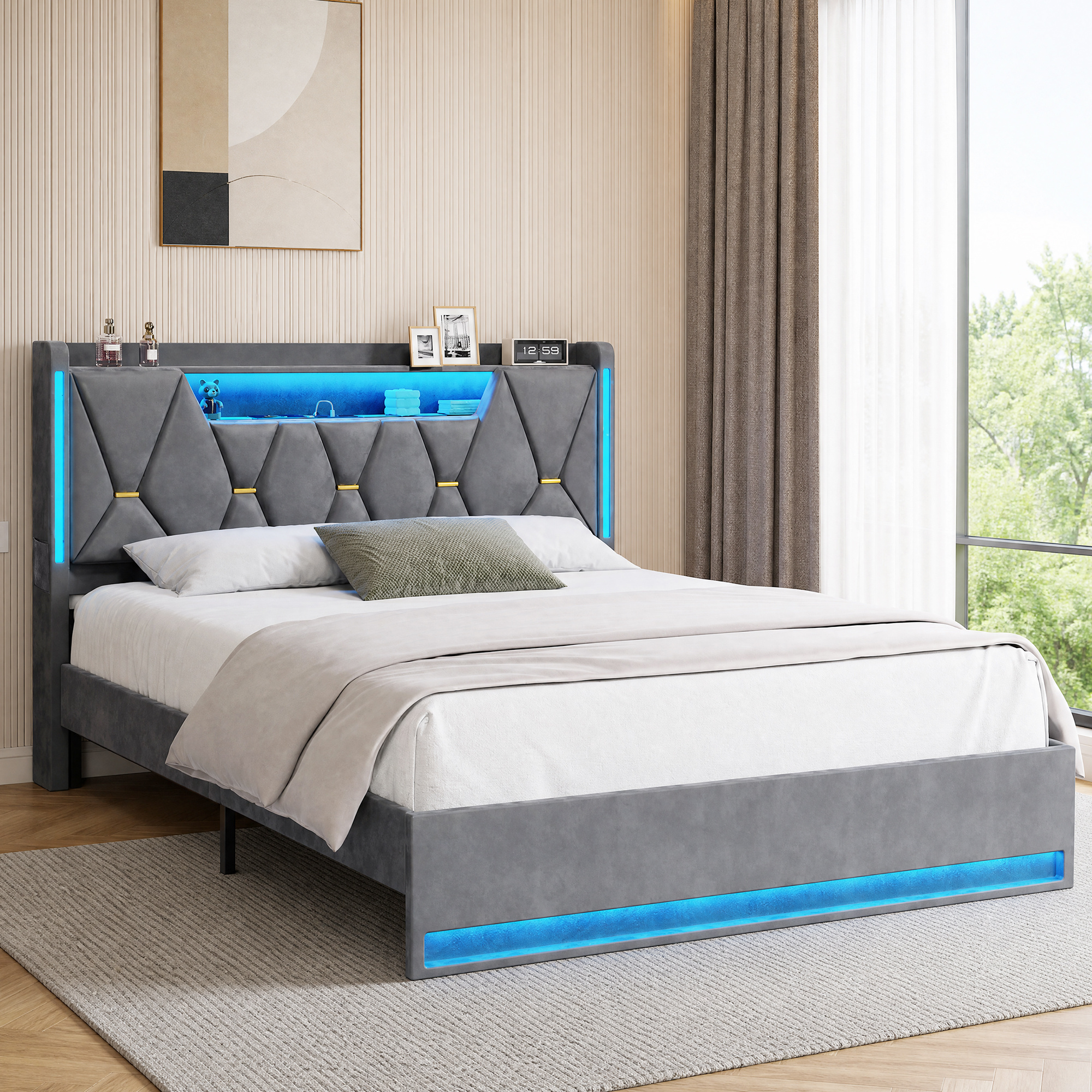 TEMU Double/queen Bed Frame With Hidden Storage Headboard Grey Led Light & Charging Station, Upholstered Platform Bed With Velvet Finish, Metal For