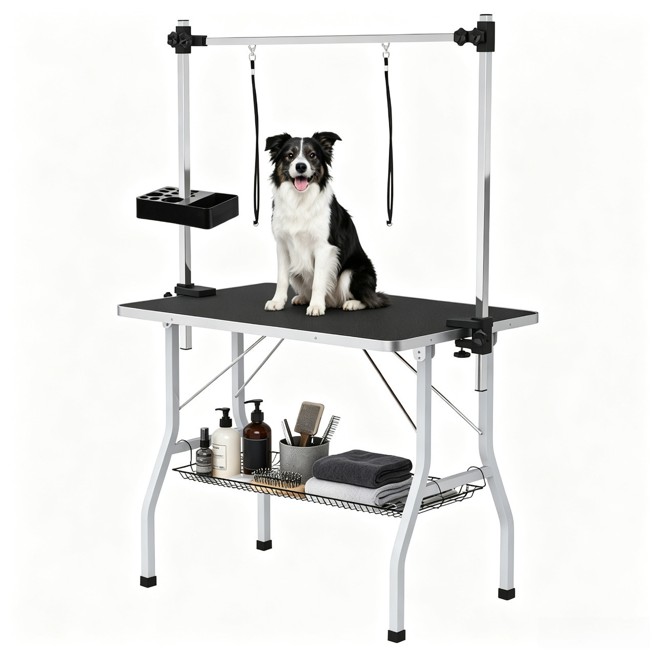 TEMU Advwin Pet Dog Grooming Table, Folding Height Adjustable Arm Table 91cm Double Pole Anti Slip Rubber W/basket