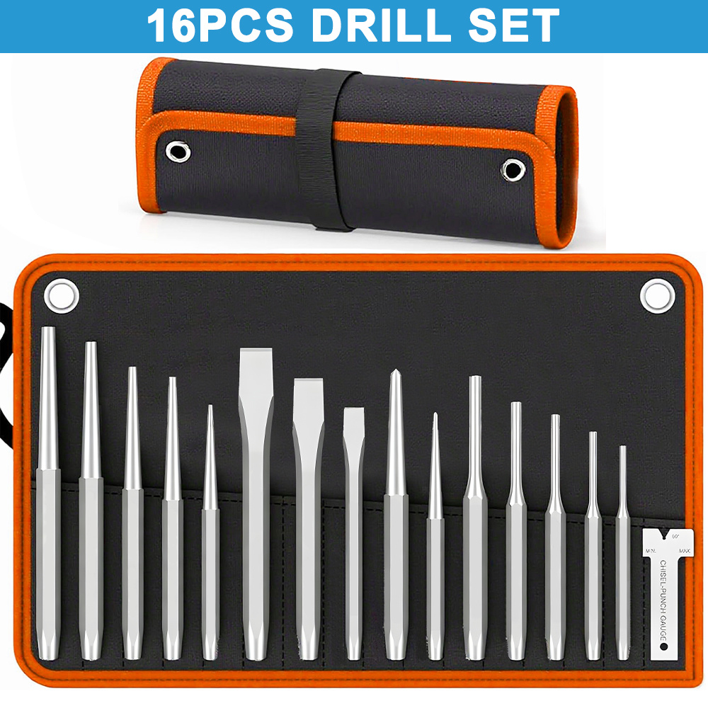 TEMU 16pcs Chisel & Punch Tool Set, High Carbon Steel Cold Chisel Center Pin Punch Kit With Carry Cloth Bag & Chisel-punch Gauge, Heavy Duty Impact