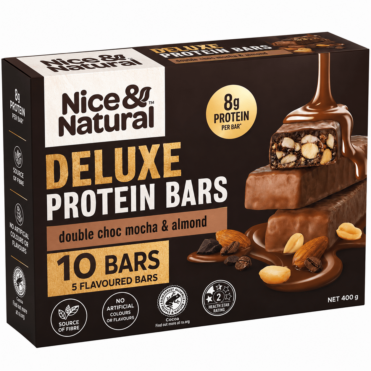 10 Pack Nice&Natural Protein Bars Double Chocolate Mocha & Almond 5x2 Boxes