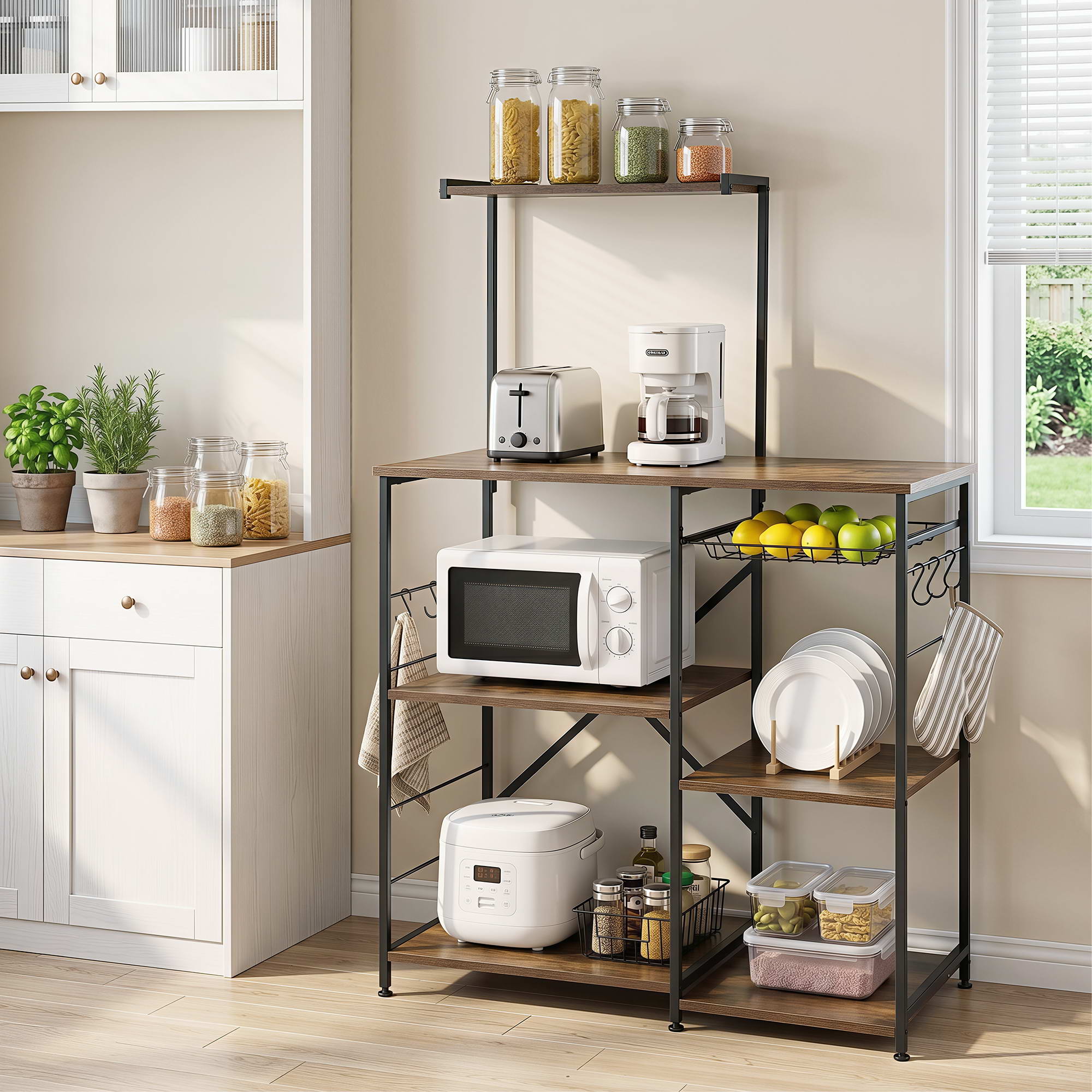 TEMU Artiss 4-tier Kitchen Bakers Rack Pull Out Basket 6 Hooks Microwave Storage Shelf
