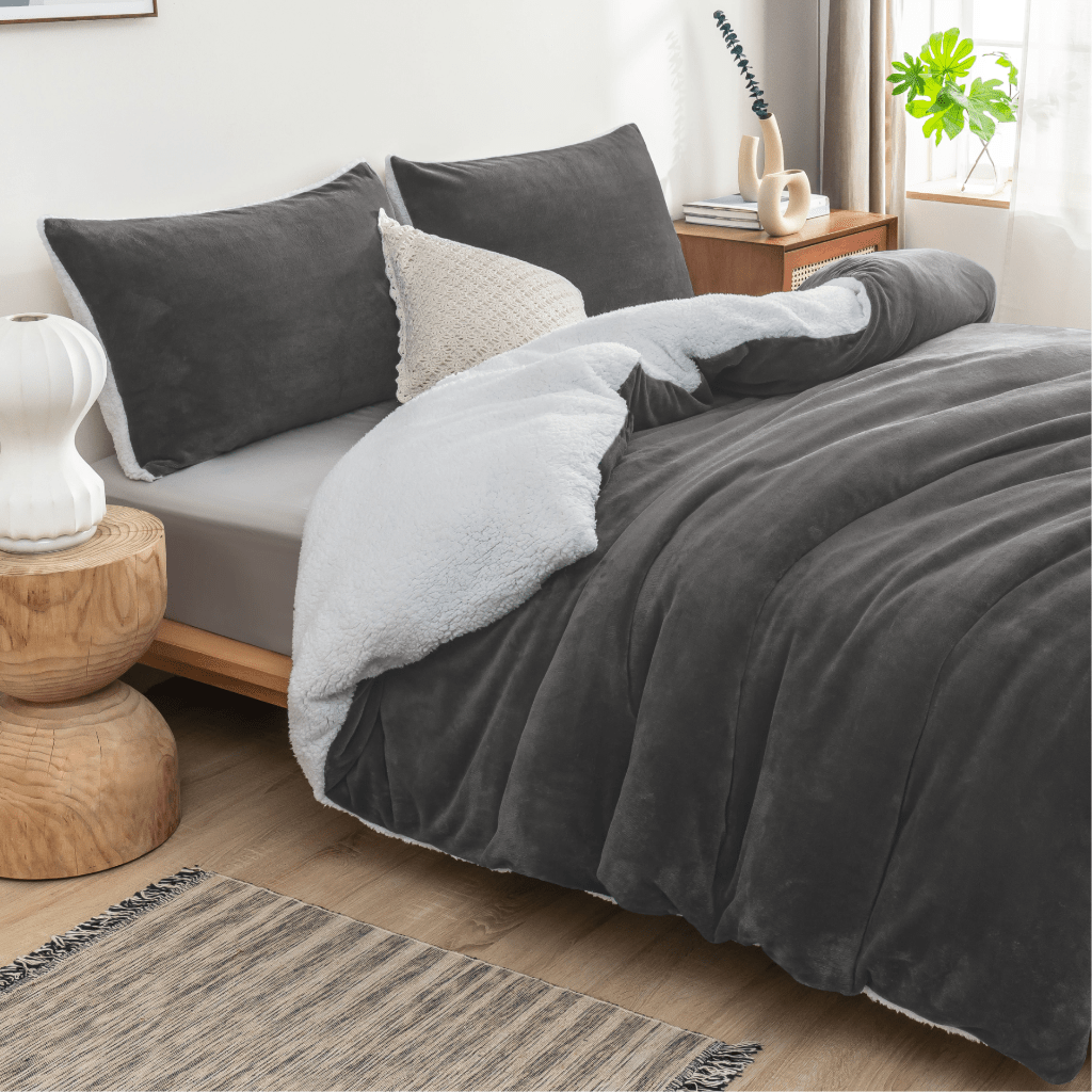 TEMU 2 In 1 Teddy Fleece Sherpa Duvet Cover Set And Blanket Charcoal