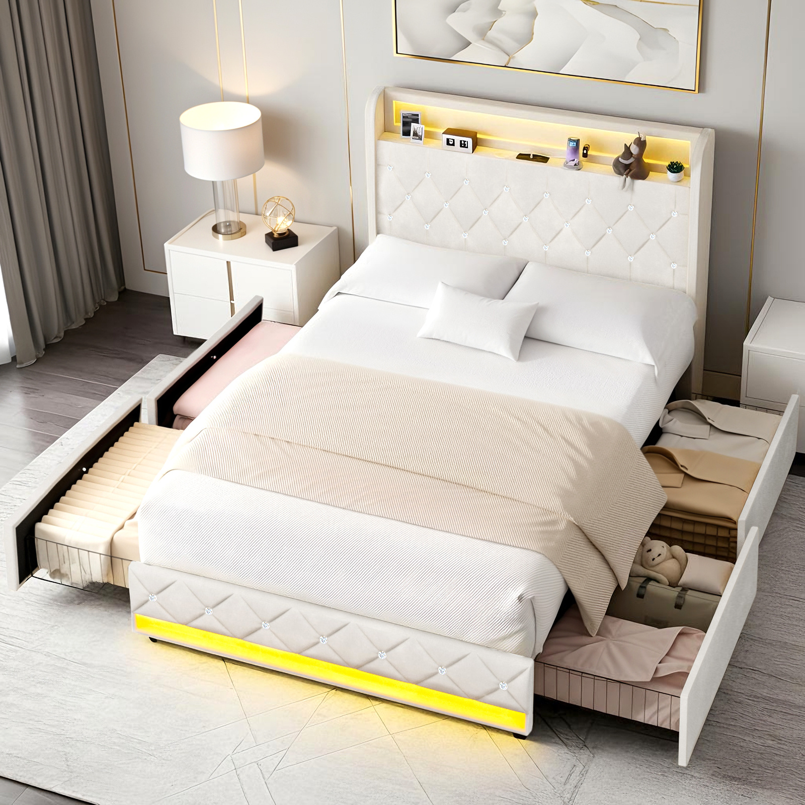 TEMU Advwin Bed Frame Queen/double Size With Led Lights And 4 Storage Drawers, Bed Bases With Upholstered Headboard And Charging Station, Wood Slats,
