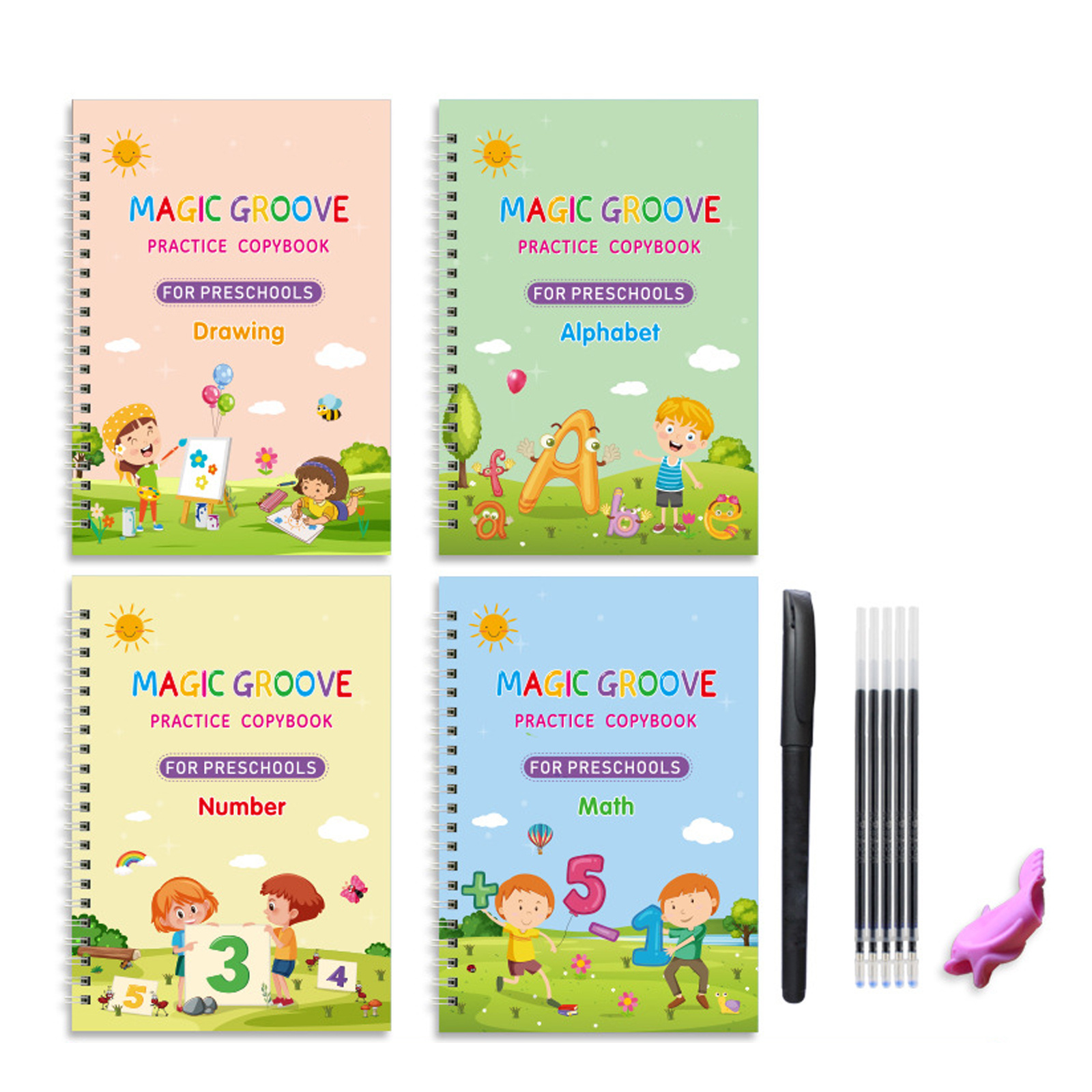 TEMU 4pcs/pack Large Reusable Handwriting Practice Copybook Comfy Tracing Sight Words Workbook Set, Halloween Christmas Gift, (4 Books + 1 Pen + 5