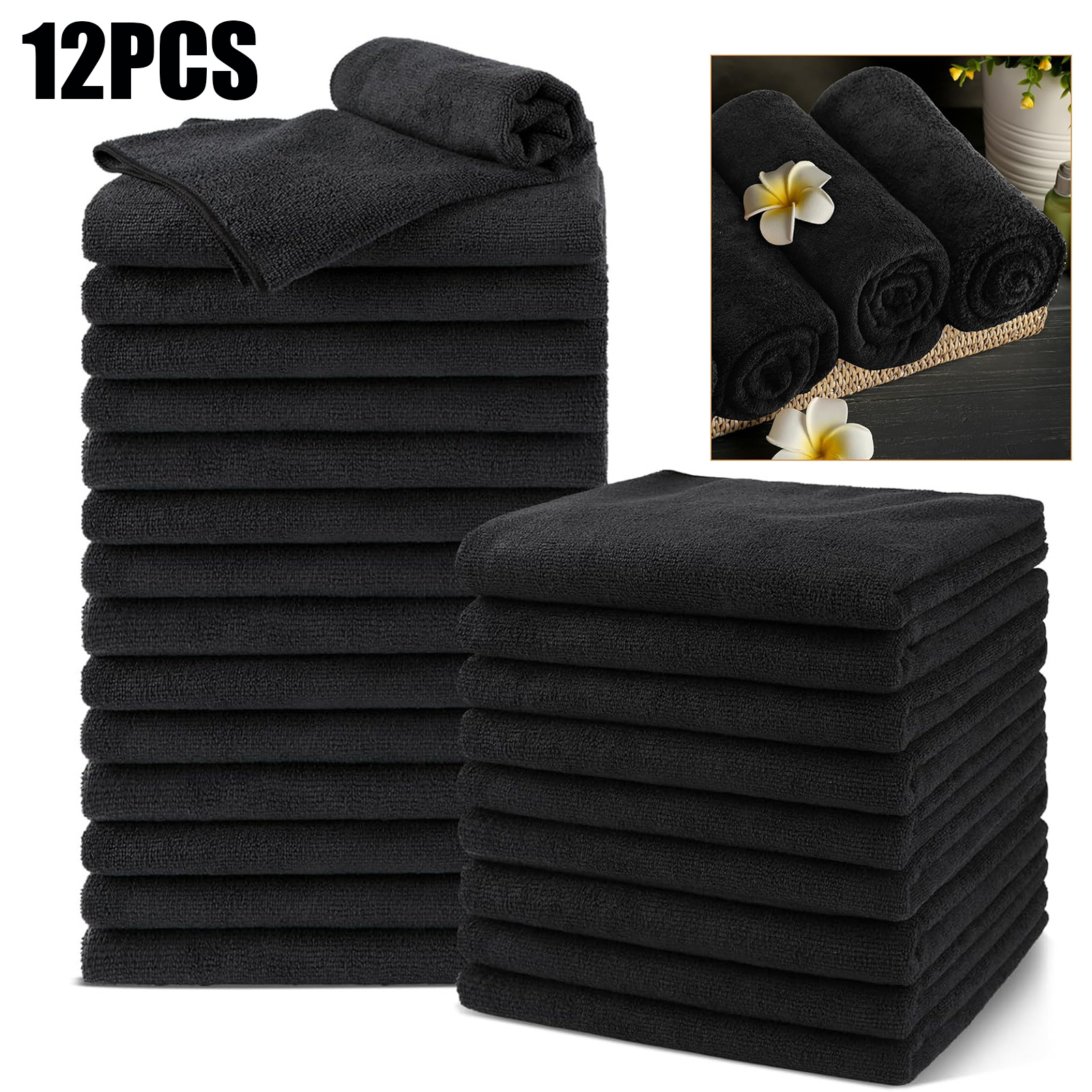 TEMU 12pcs Black Microfiber Salon Towel, 30x70cm, For Daily Use, Ideal For Makeup Removal & Beauty Treatments Microfiber Beach Towel Microfiber Hair