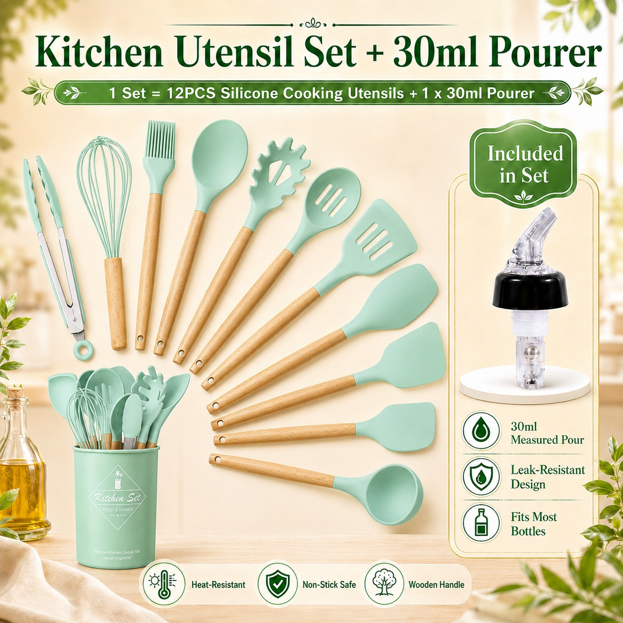 TEMU 13pcs Silicone Kitchen Utensil Set With Wooden Handles Plus 30ml Bottle Pourer, Nonstick Cookware Cooking Tools Set With Spatula Spoon Tongs