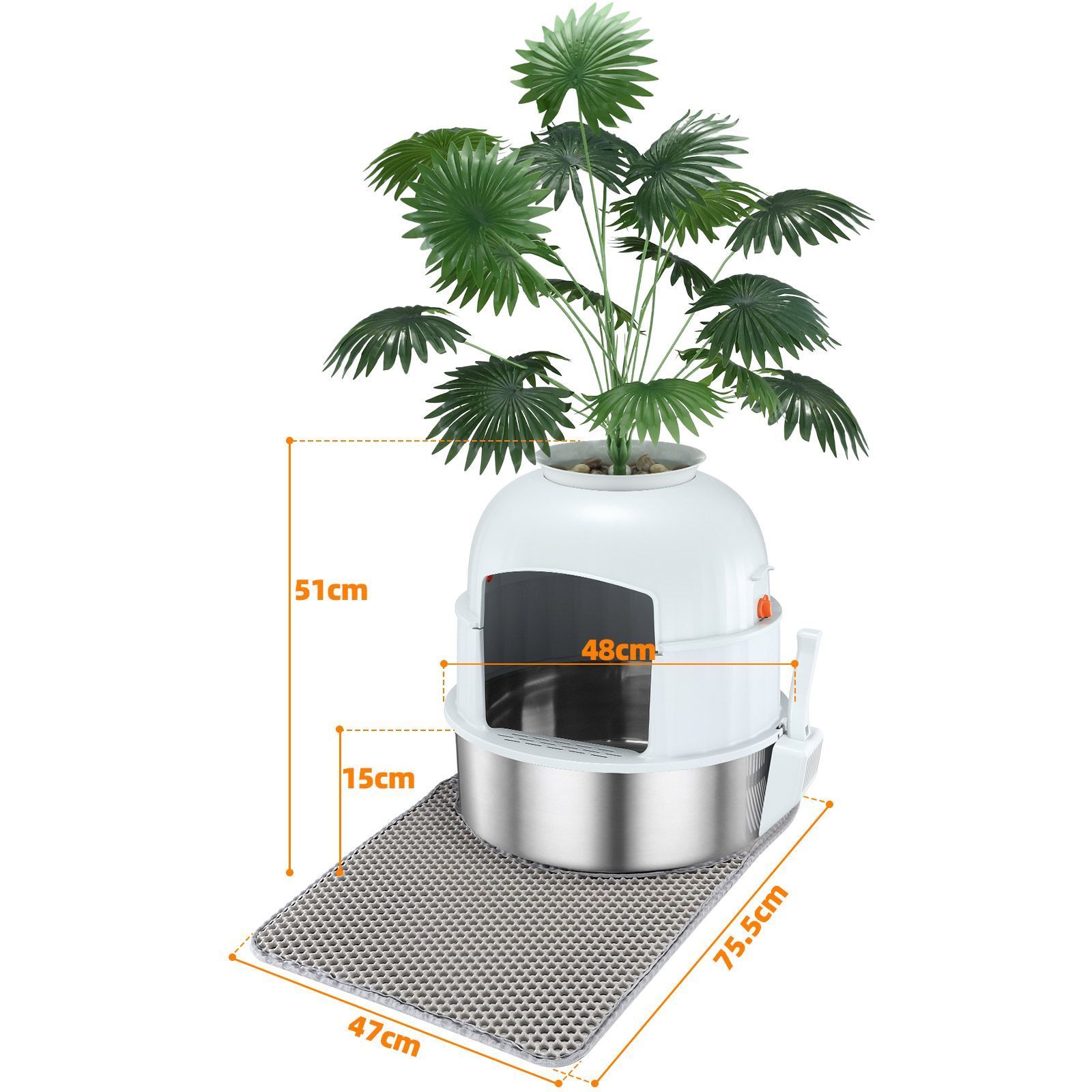 Kendall Louis Cat Litter Box Kitty Enclosed Potty Pan Pet Toilet Training Tray Covered Hidden Furniture Stainless Steel with ABS Lid Mat Scoop Faux Plant Decoration