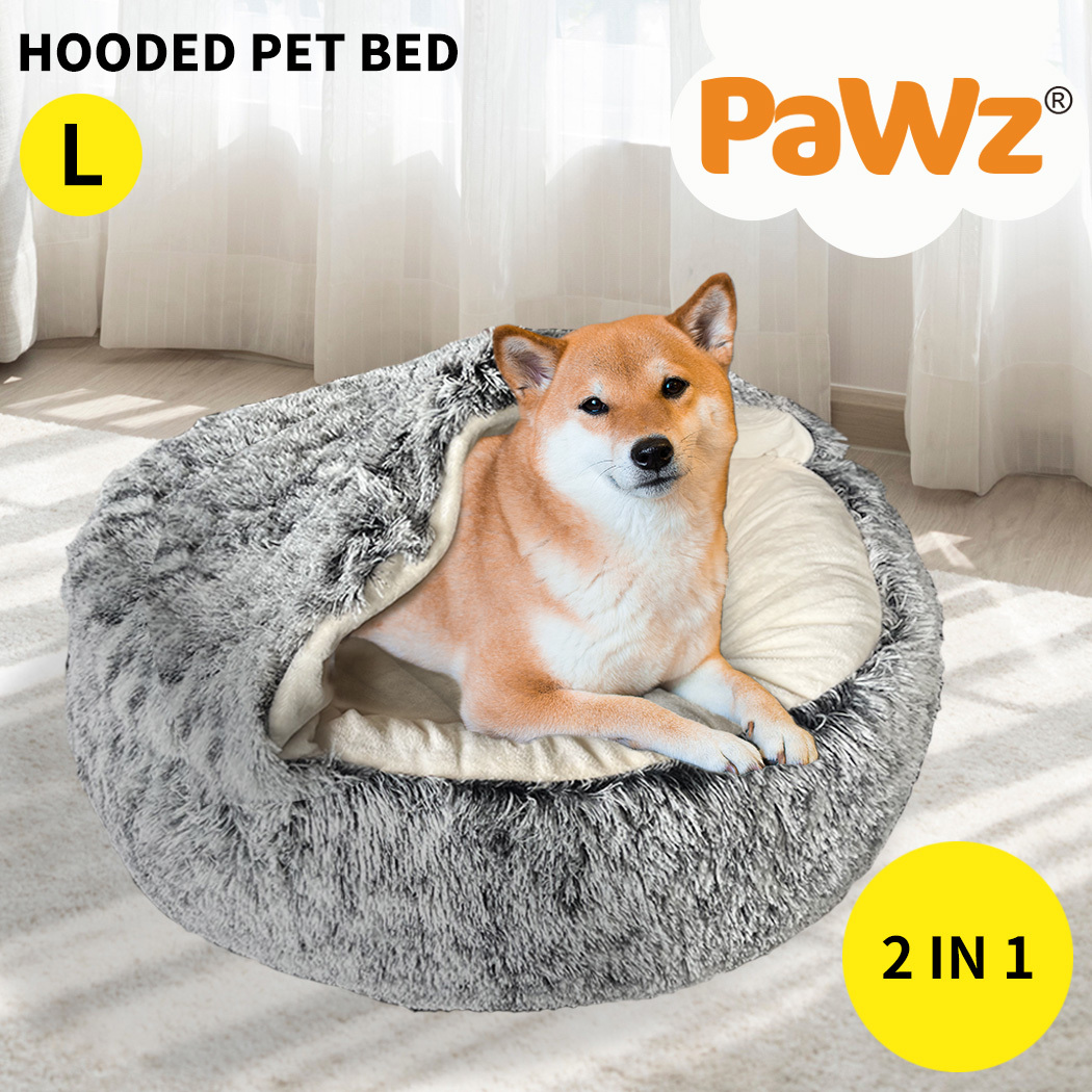 TEMU Pawz Pet Dog Bed Large (l) Soft Plush Sleeping Cushion With Removable Washable Cover, Hooded Donut Bed For Cats And Dogs, Charcoal