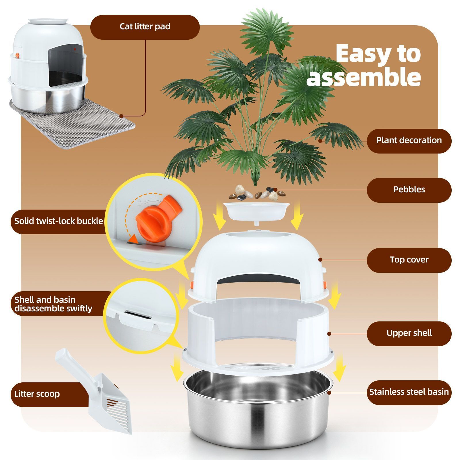 Kendall Louis Cat Litter Box Kitty Enclosed Potty Pan Pet Toilet Training Tray Covered Hidden Furniture Stainless Steel with ABS Lid Mat Scoop Faux Plant Decoration - Image 5