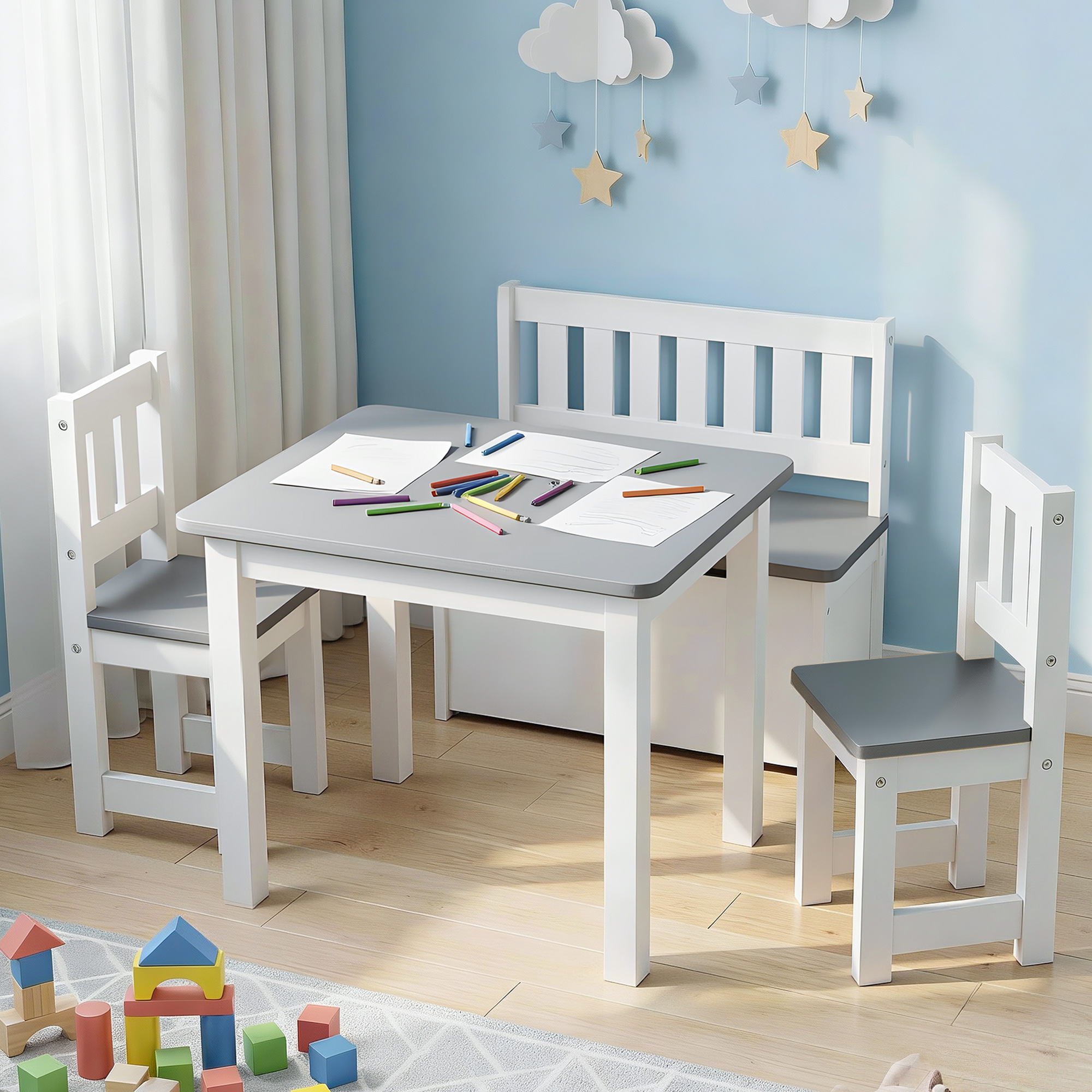 TEMU Keezi 2 In 1 Kids Table And Chair Set, Activity Table With Storage Bench And 2 Chairs For Reading, Drawing, Writing, Snack Time & Arts Crafts,