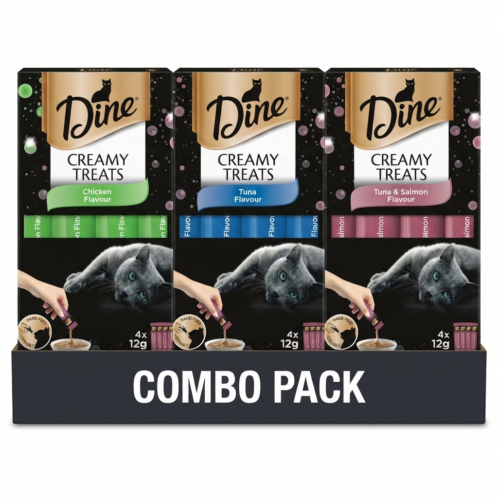 Dine Cat Creamy Treats Chicken Flavour Sachets 12g x 4 pack + Dine Creamy Treats Tuna Flavour Cat Treat 4 pack + Dine Cat Creamy Treats Tuna & Salmon Flavour Sachets 12g x 4 pack