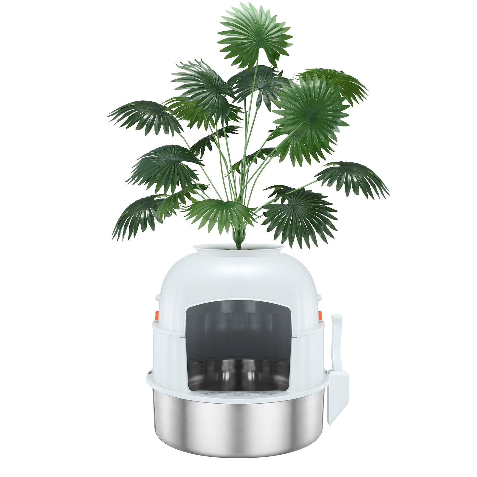 Kendall Louis Cat Litter Box Kitty Enclosed Potty Pan Pet Toilet Training Tray Covered Hidden Furniture Stainless Steel with ABS Lid Mat Scoop Faux Plant Decoration - Image 9