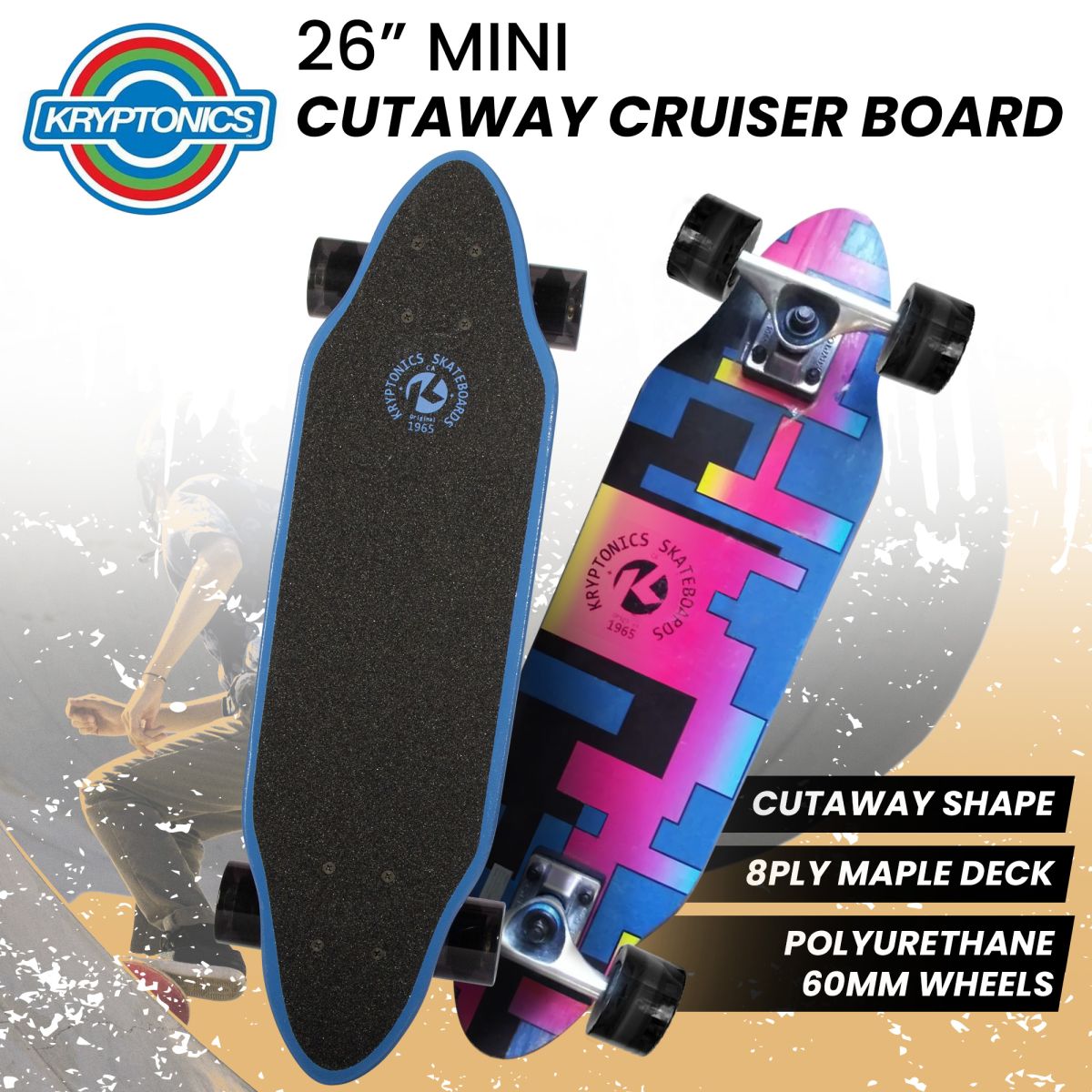 Kryptonics 26-inch Skateboard Mini Cutaway Cruiser Board - 89 IS Fine