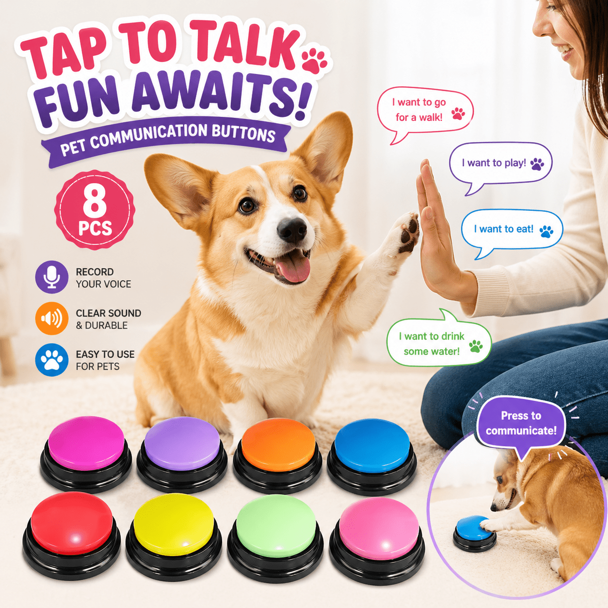 TEMU 2 Set 8pcs Sound Recording Buttons, Interactive Voice Recorder Buttons For Pet Training Pranks Games Family Fun, Colorful Portable Talking