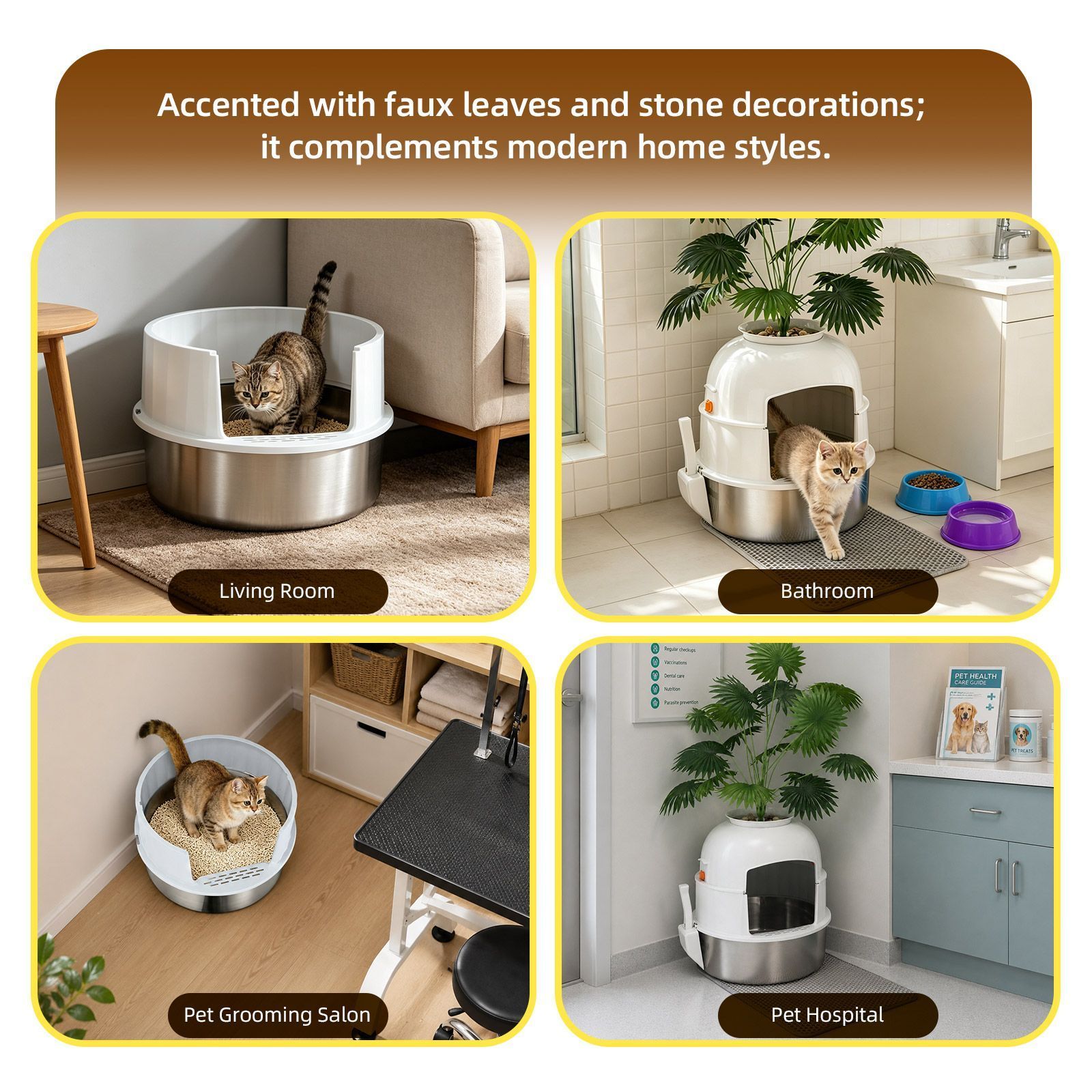 Kendall Louis Cat Litter Box Kitty Enclosed Potty Pan Pet Toilet Training Tray Covered Hidden Furniture Stainless Steel with ABS Lid Mat Scoop Faux Plant Decoration - Image 7