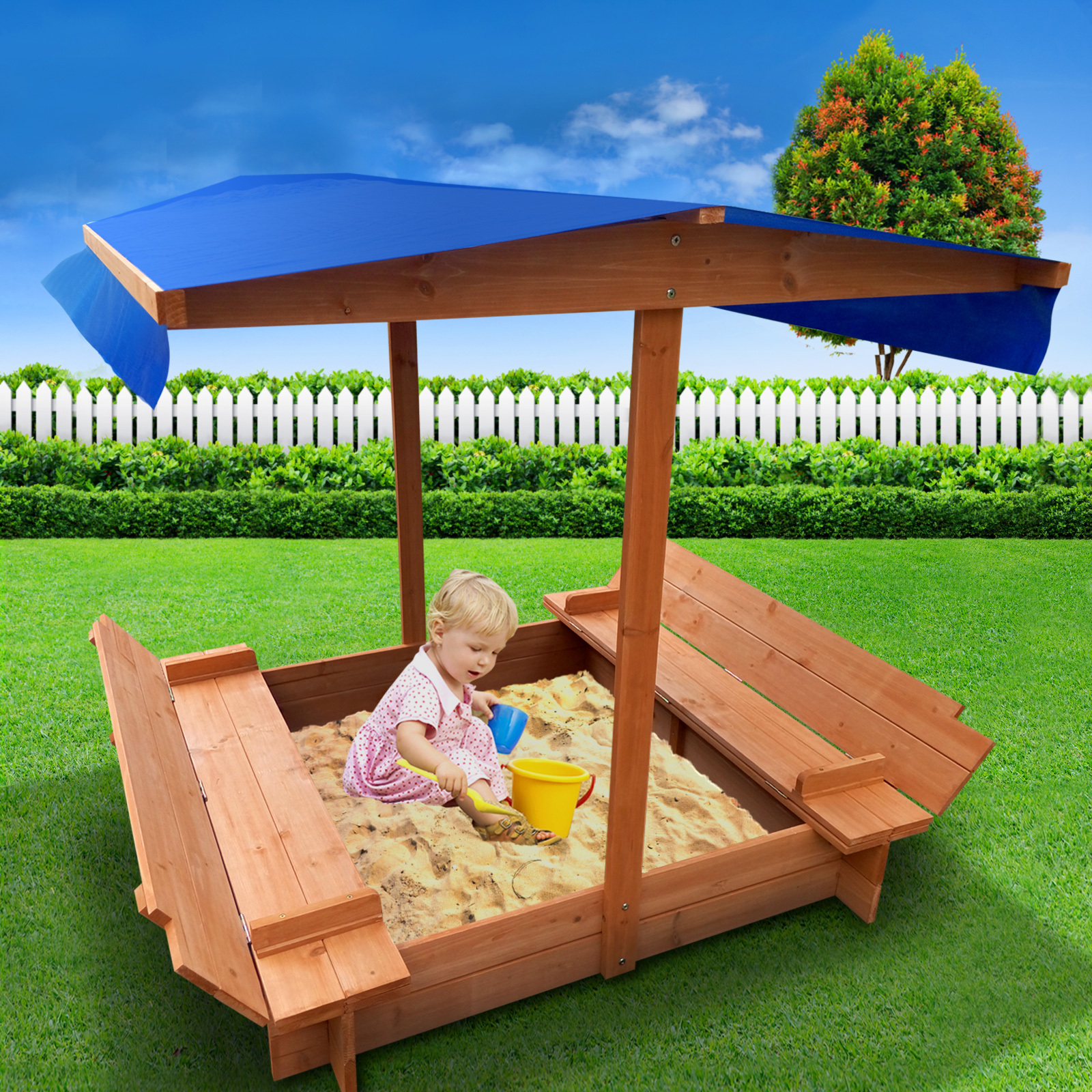 TEMU Keezi Kids Sandpit Wooden Sandbox Sand Pit With Canopy Foldable Seat Toys 120cm