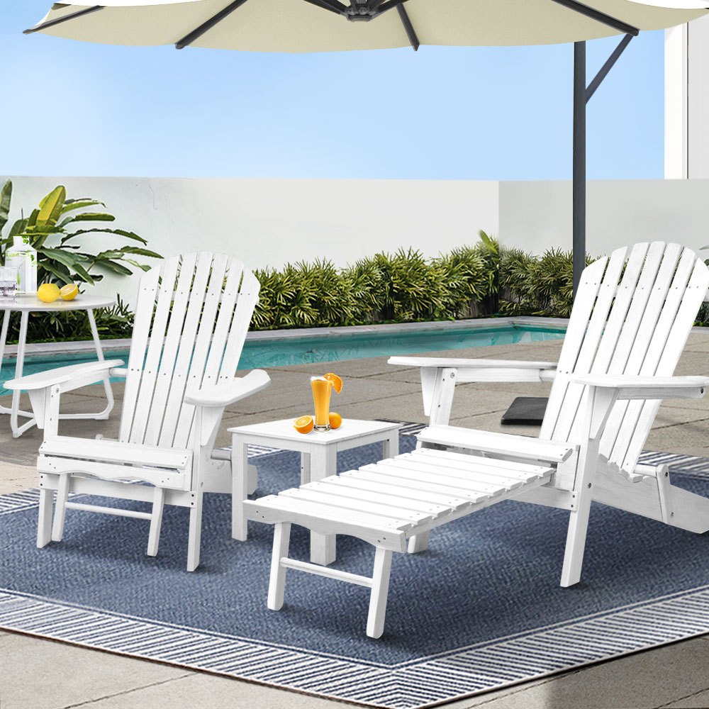 TEMU Gardeon 3pcs Adirondack Outdoor Table And Chairs Wooden Sun Lounge Beach White