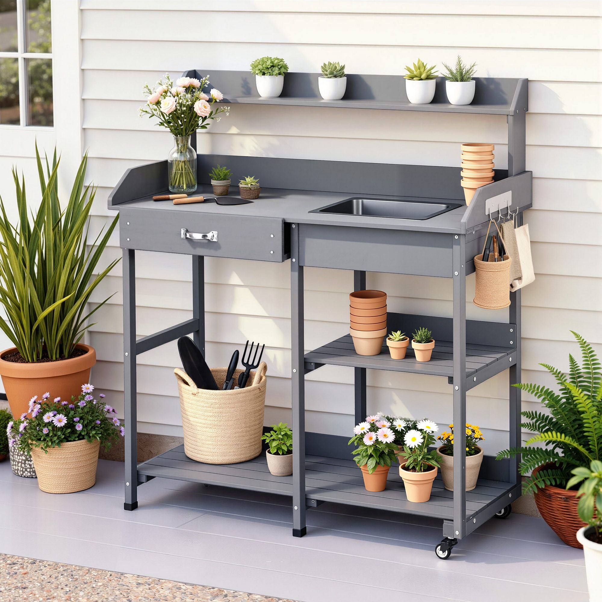 TEMU Gardeon Outdoor Potting Bench Table Storage Cabinet Garden Workstation Grey