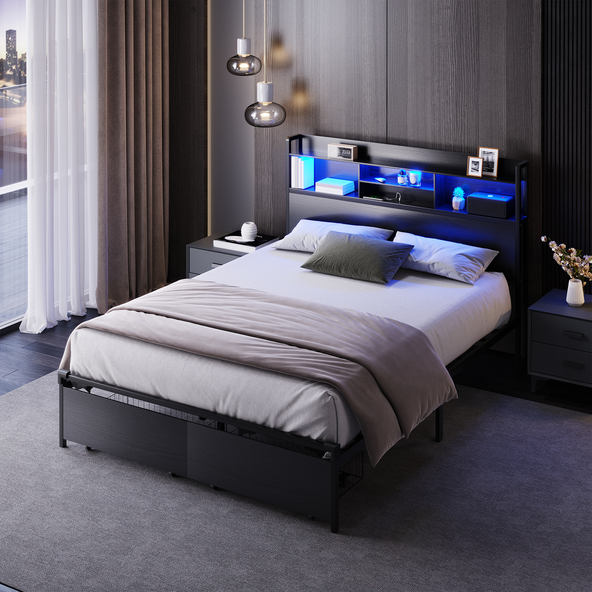 TEMU Advwin Bed Frame Queen/double Size With Led Lights, Display Shelf Headboard & Charging Station And Usb Ports, 2 Storage Drawers,metal Platform