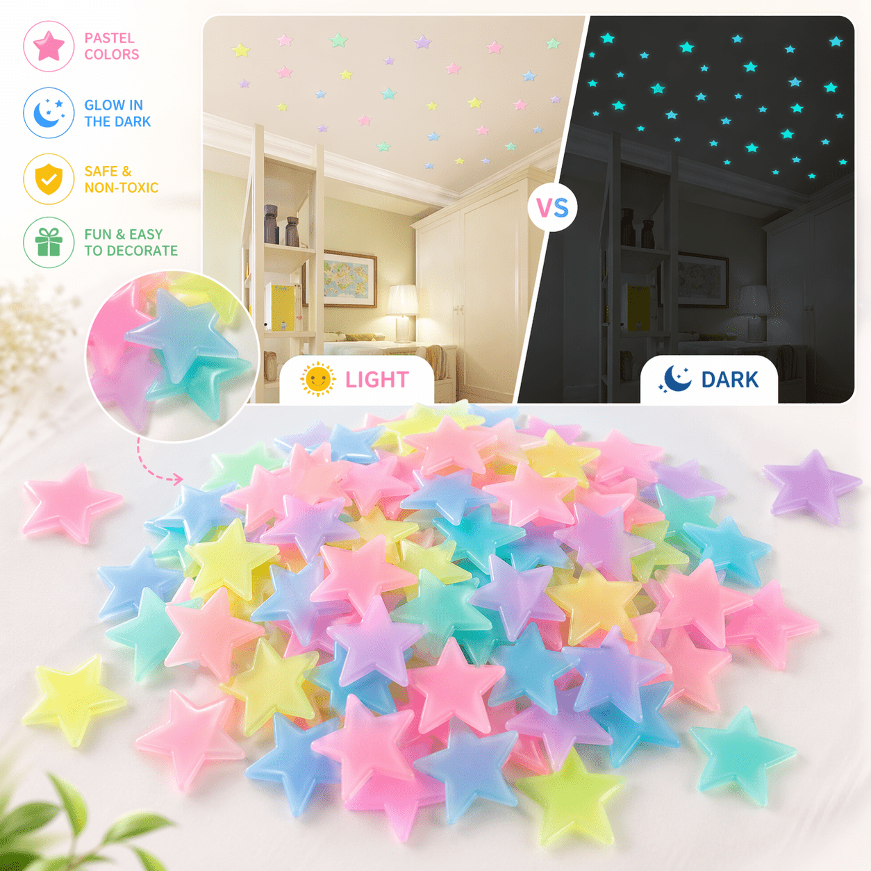 TEMU 300pcs Glow In The Wall Stickers, Colorful Luminous Fluorescent Ceiling Decals For Kids Bedroom Nursery Home Decor