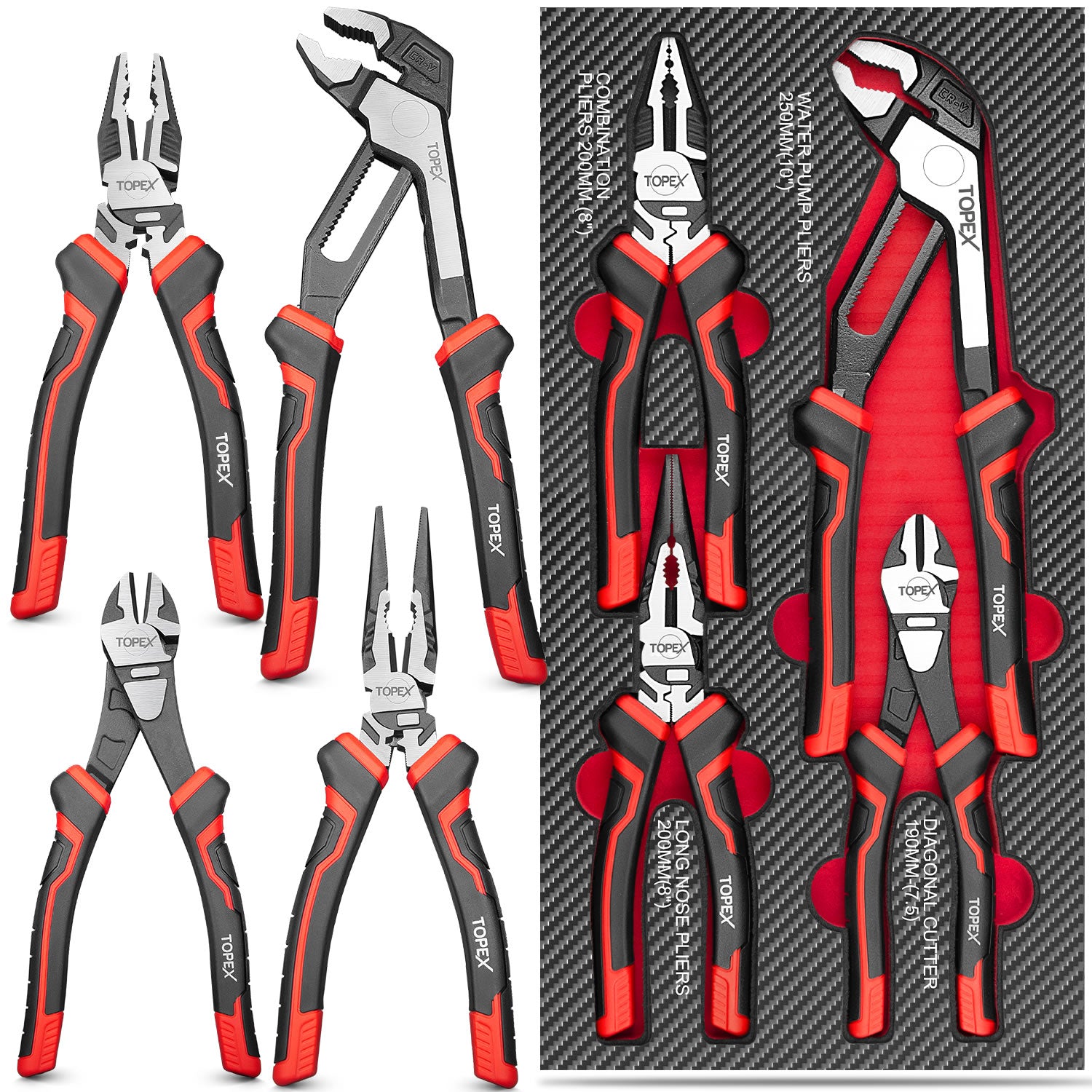 TEMU 4pcs Pliers Set 7.5/8/10 Inch (190 Mm Diagonal Cutters, 200 Mm Combination Pliers, 200 Mm Long Nose Pliers, 250 Mm Water Pump Pliers) For