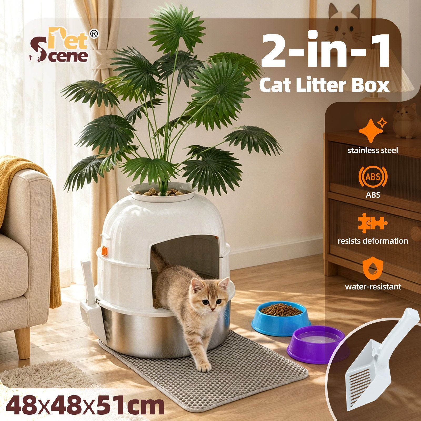 Kendall Louis Cat Litter Box Kitty Enclosed Potty Pan Pet Toilet Training Tray Covered Hidden Furniture Stainless Steel with ABS Lid Mat Scoop Faux Plant Decoration
