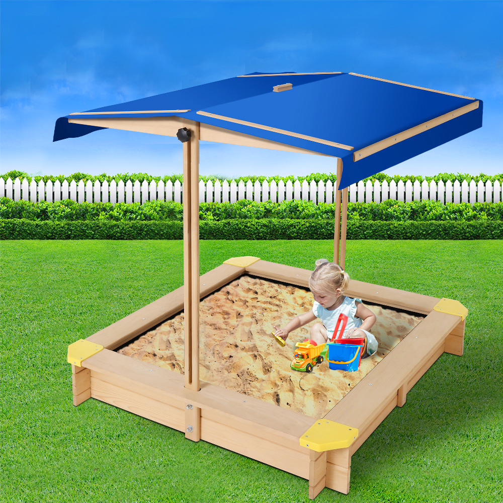 TEMU Keezi Kids Sandpit Wooden Sandbox Sand Pit With Canopy Bench Seat Toys 101cm