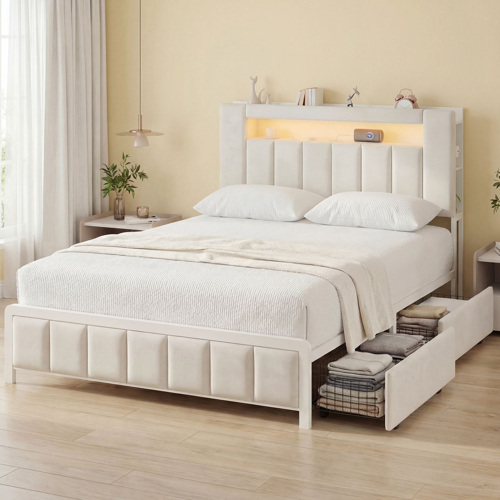 TEMU Advwin Bed Frame King Single/double/queen Size With Led Lights, Display Shelf Upholstered Headboard & Charging Station, 2 Storage Drawers, Metal