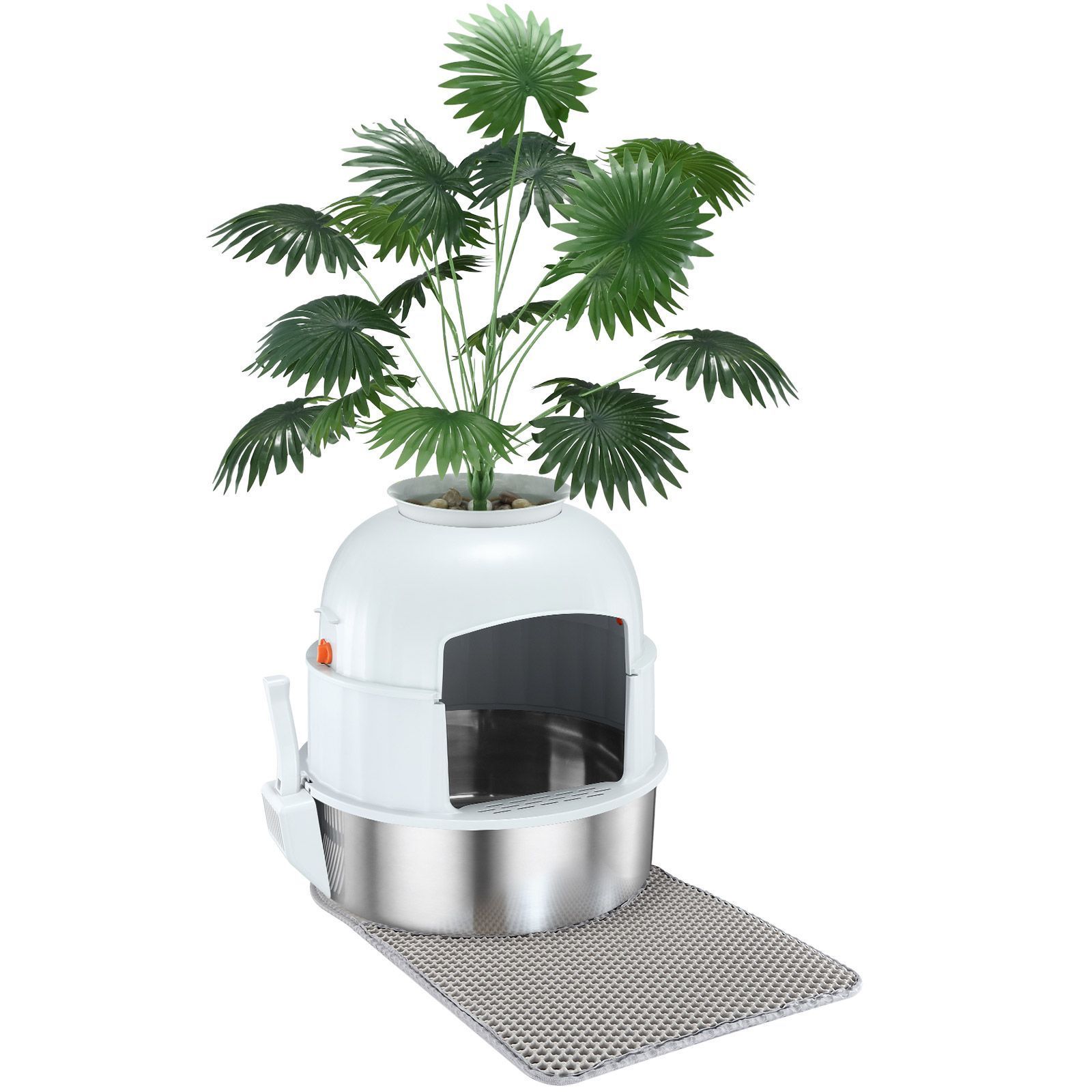 Kendall Louis Cat Litter Box Kitty Enclosed Potty Pan Pet Toilet Training Tray Covered Hidden Furniture Stainless Steel with ABS Lid Mat Scoop Faux Plant Decoration