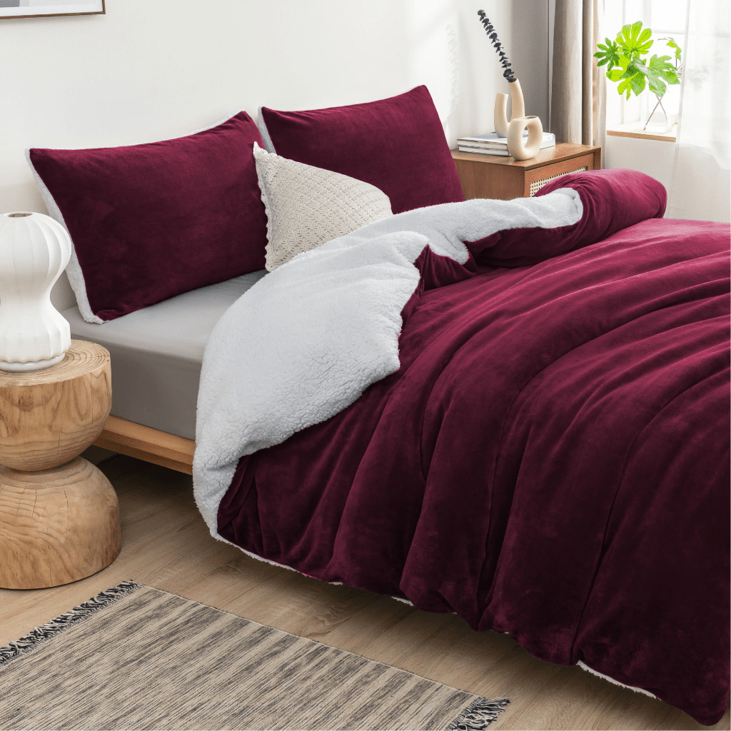 TEMU 2 In 1 Teddy Fleece Sherpa Duvet Cover Set And Blanket Burgundy