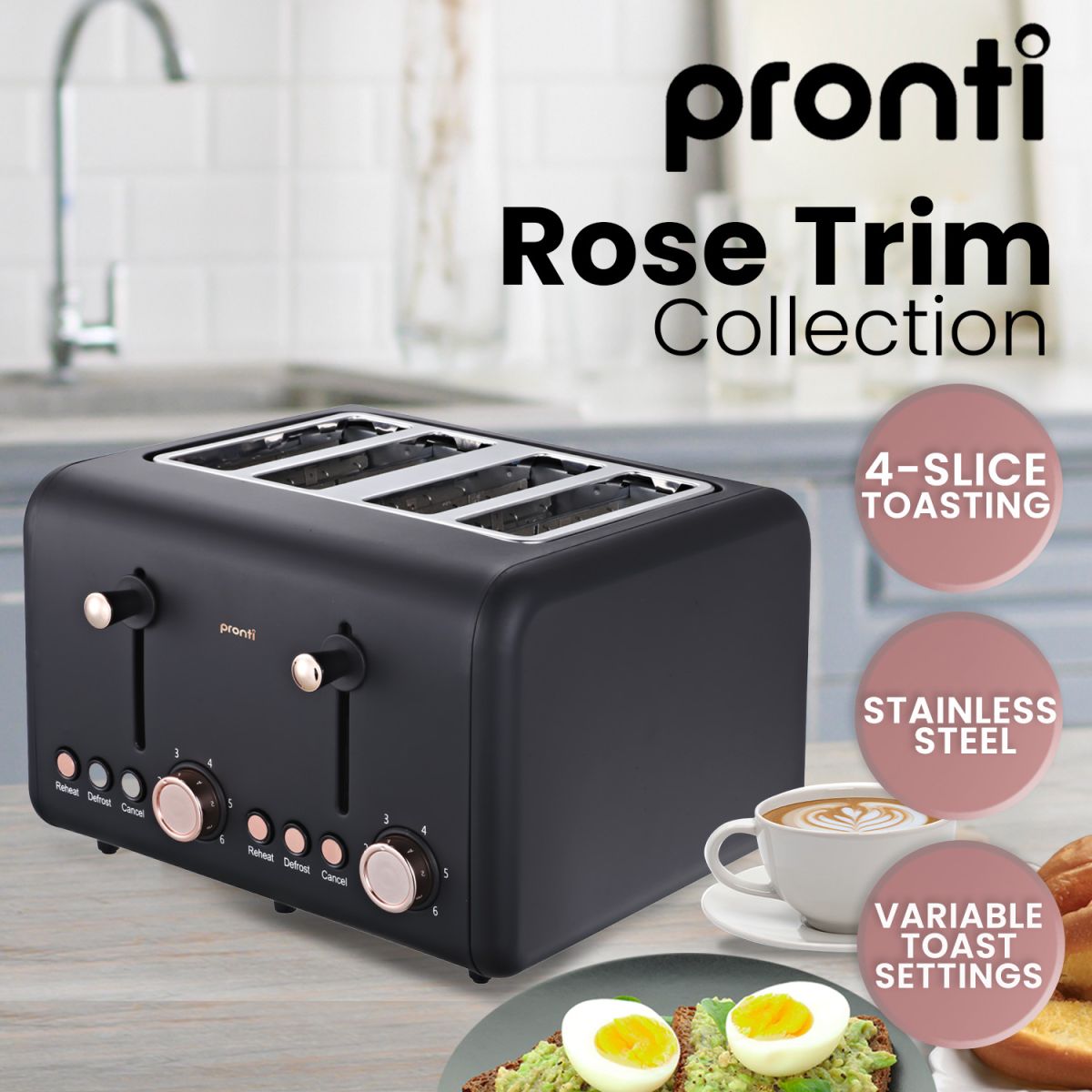 TEMU Pronti 4 Electric Toaster Rose Trim (black)