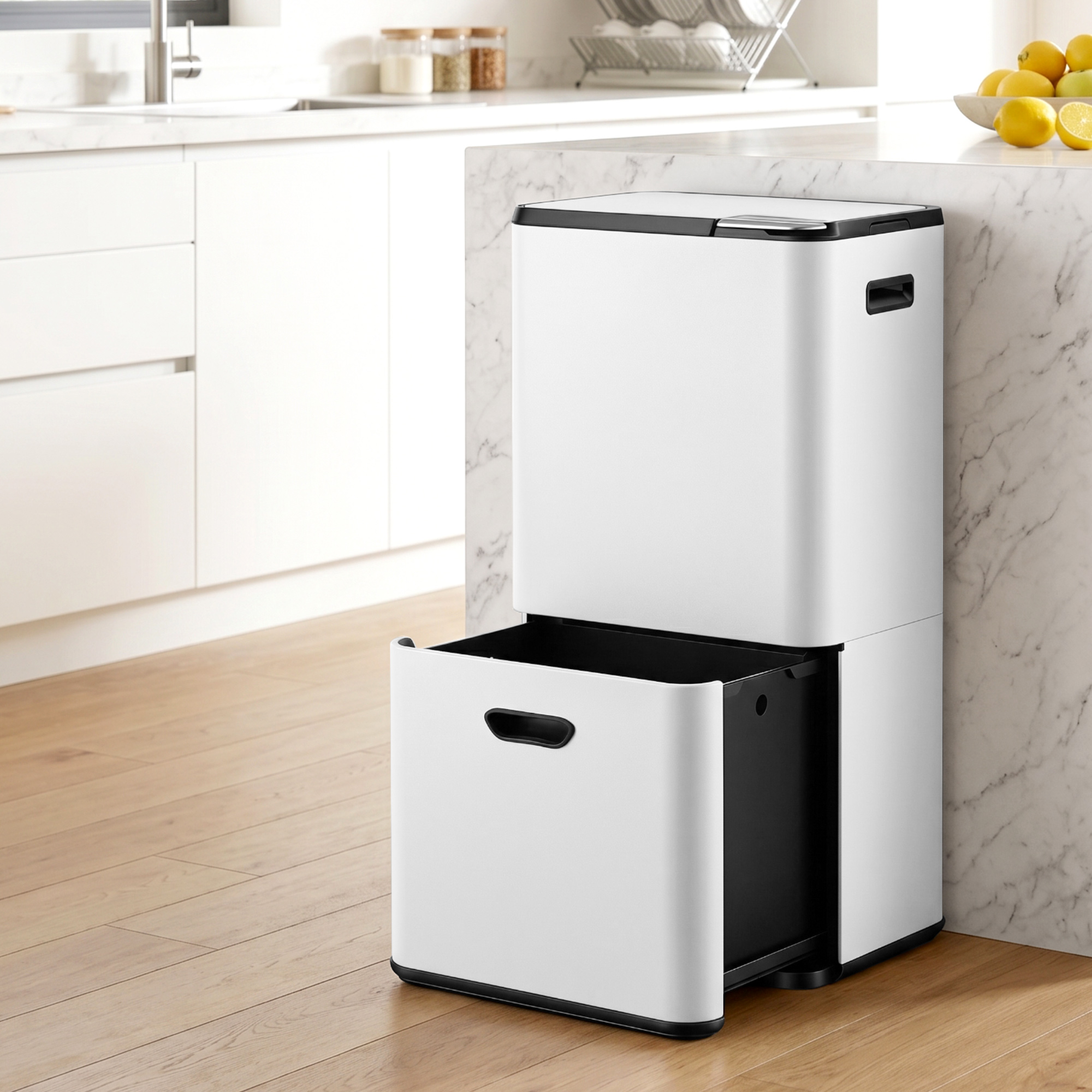 TEMU 63l Rubbish Bin 3 Compartment Carbon Steel Split Door Trash Can White