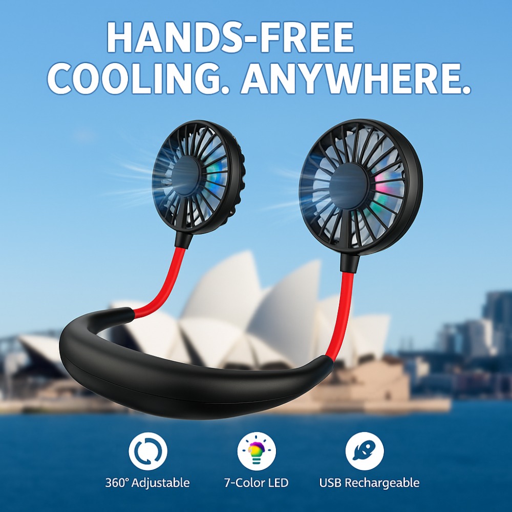 TEMU Portable Neck Fan With Pad, Usb Rechargeable Wearable Personal Fan, 3 Speeds, 7-colour Led Lights, 360° Dual Head Airflow, Battery Operated