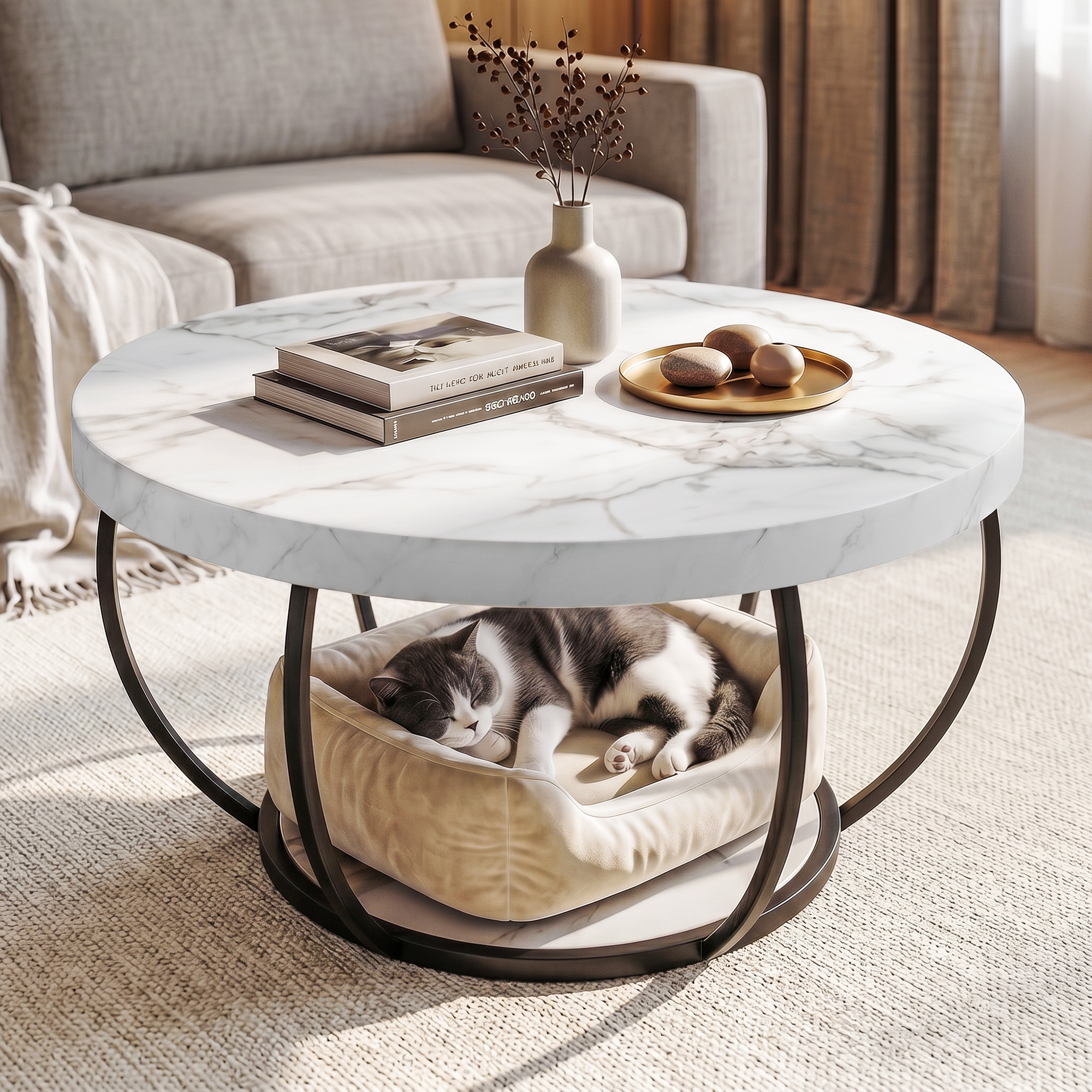 TEMU Artiss Coffee Table 2-tier Marble Finish Round White&black