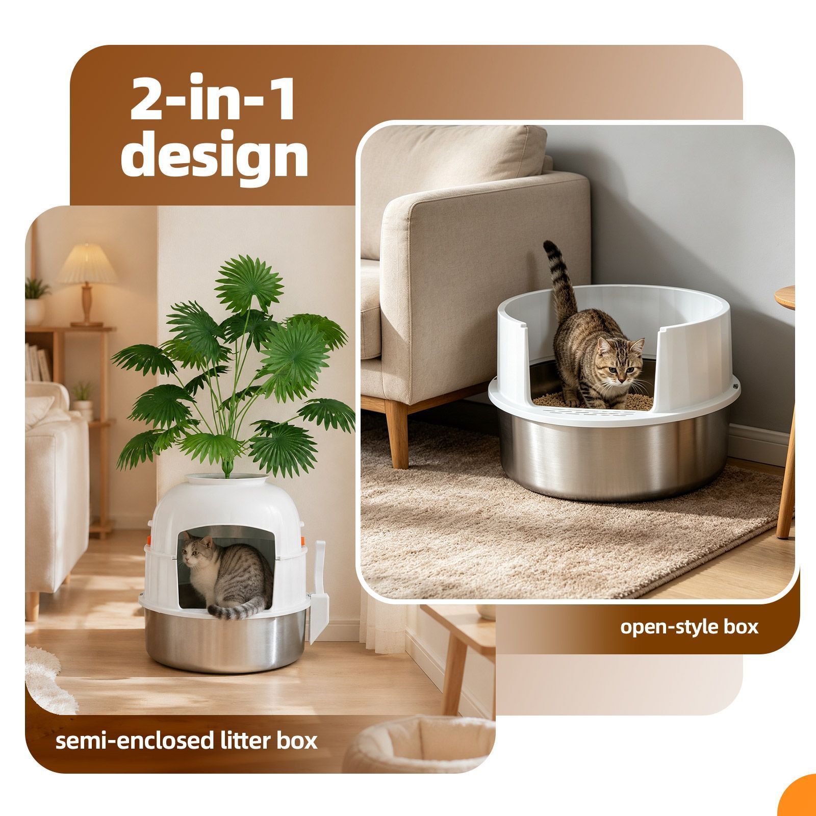 Kendall Louis Cat Litter Box Kitty Enclosed Potty Pan Pet Toilet Training Tray Covered Hidden Furniture Stainless Steel with ABS Lid Mat Scoop Faux Plant Decoration - Image 2