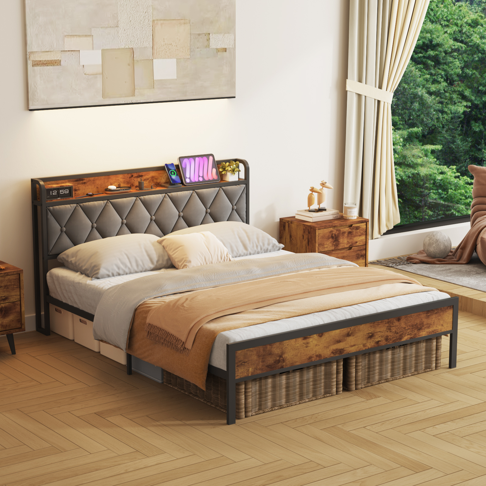 TEMU Advwin Queen/double Size Bed Frame, Storage Tufted Headboard & Charging Station And Usb Ports, Industrial Upholstered Platform Bed, Spring