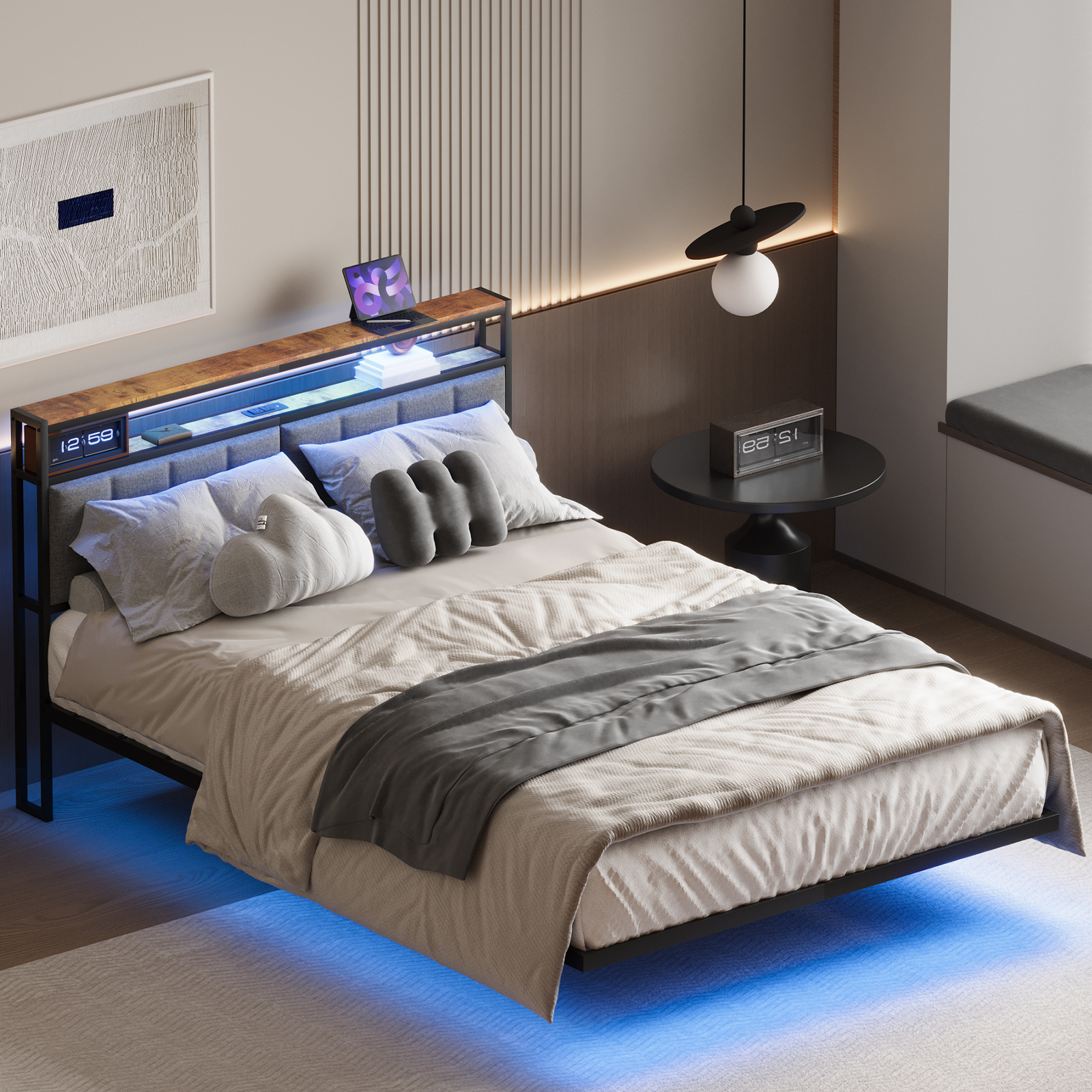 TEMU Advwin Floating Bed Frame Queen/double Size With Led Lights, Upholstered Headboard & Charging Station And Usb Ports,metal Platform Bed, Spring