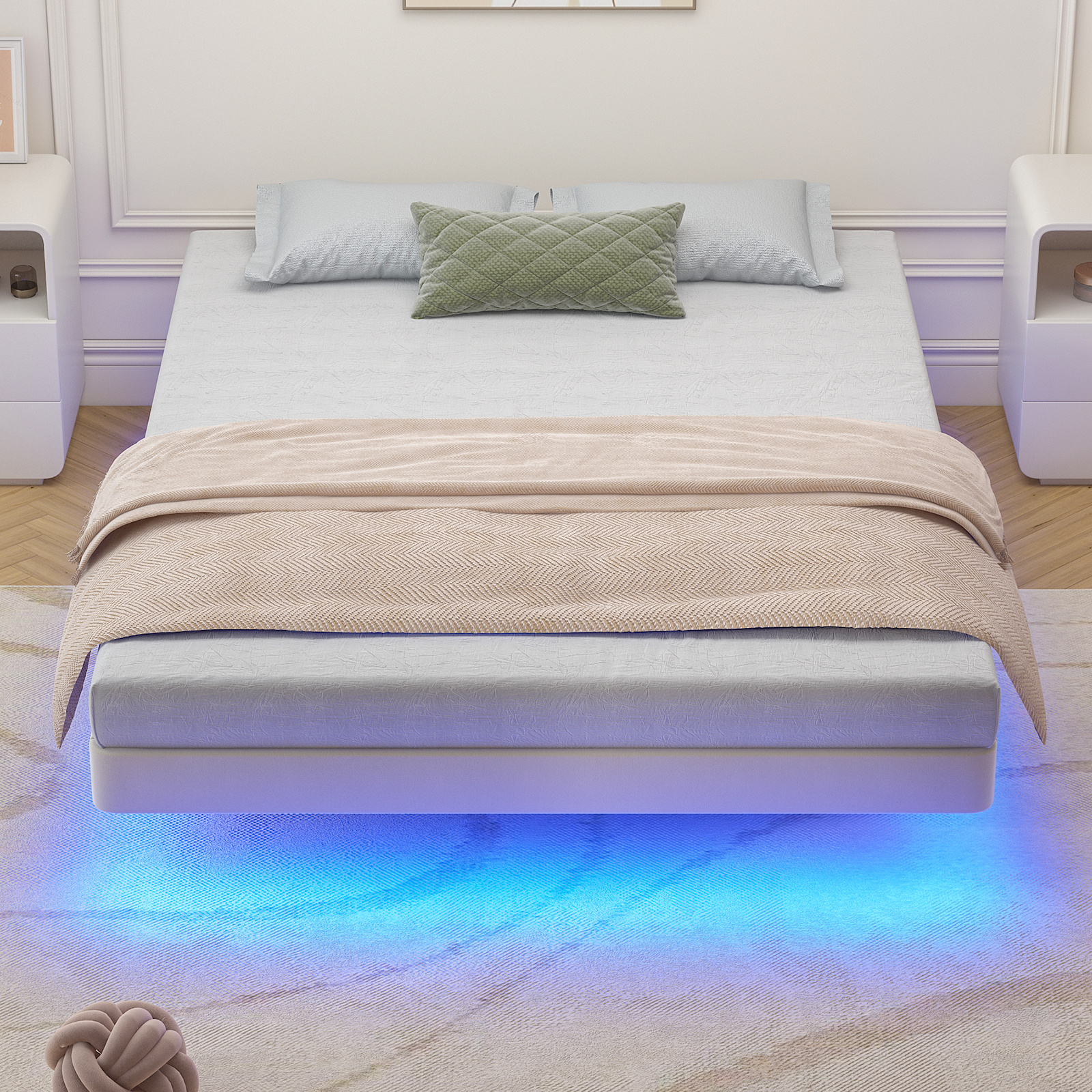 TEMU Advwin Velvet Floating Bed Frame, Beige Modern Upholstered Platform Bed With Led Lights, Wooden Slats, Spring Needed, Double/queen