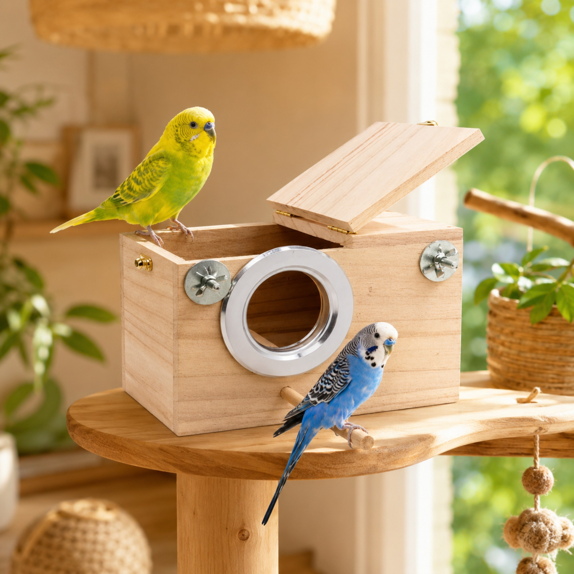 TEMU 2 Pack Wooden Bird Nest Box For Budgies, Cockatiels, Lovebirds & Parakeets, Natural Non-toxic Parrot Breeding House With Side Opening, Perch